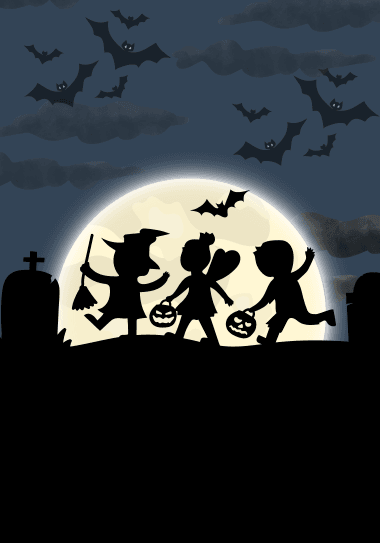 Kids on Halloween in front of a moon with bats
