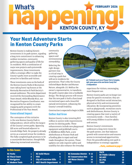 Cover of What's Happening from January 2026 with Kenton County parks