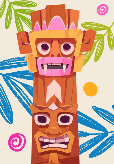 Tiki heads with tropic background