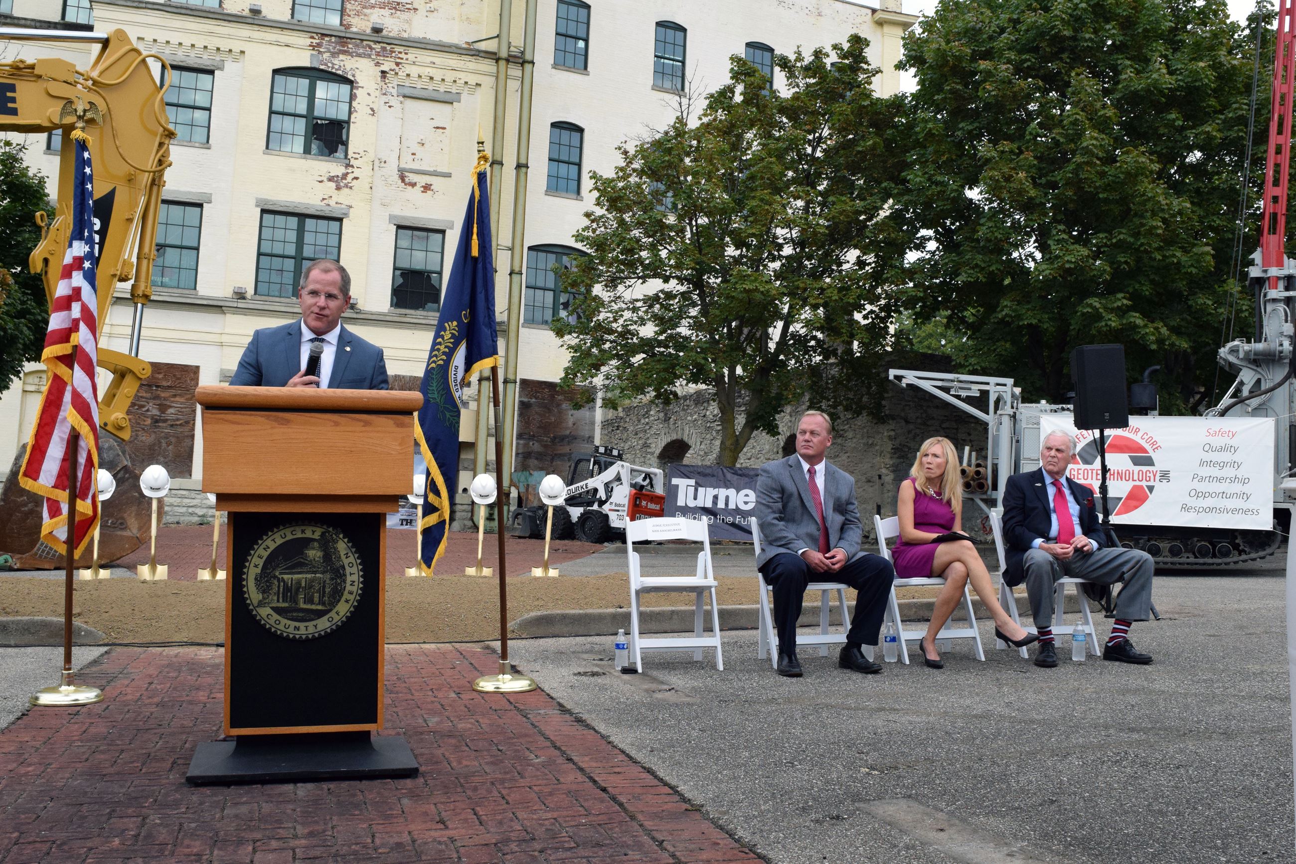 Judge/Executive Kris Knochelmann welcomes the crowd to the groundbreaking 1
