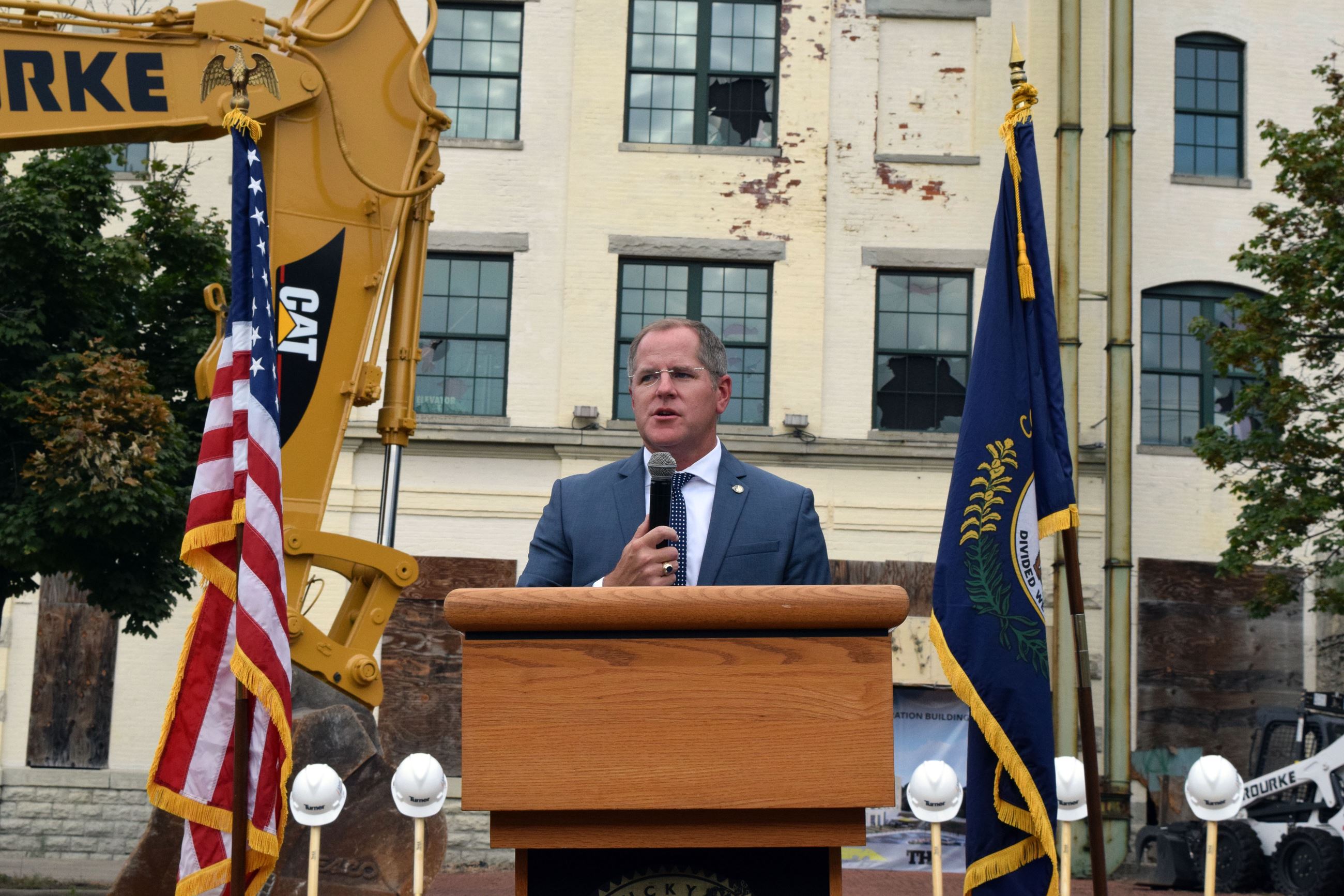 Judge/Executive Kris Knochelmann welcomes the crowd to the groundbreaking 3