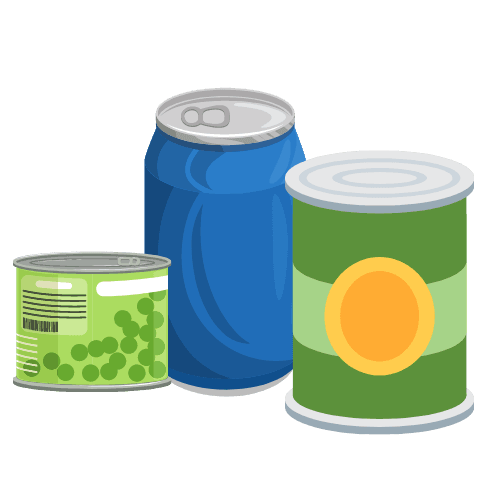 Metal soda can, metal soup can, metal food can icons.