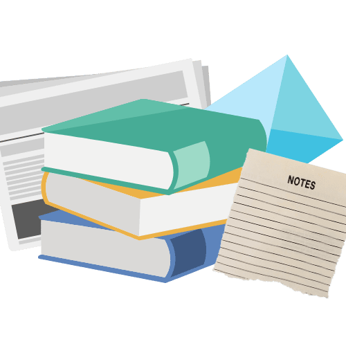 Newspaper, books, envelope, and notepad paper icons.