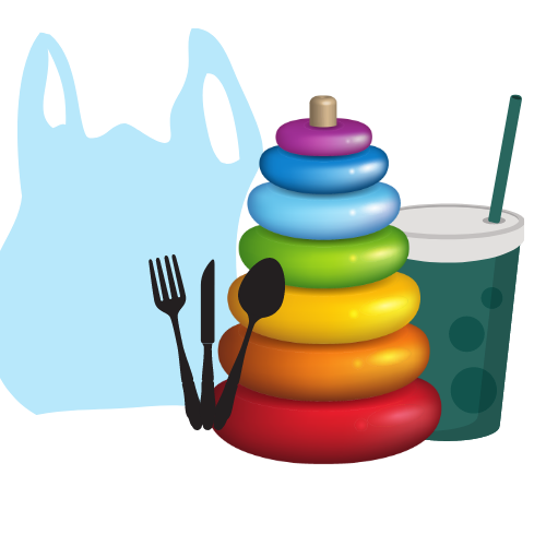 Plastic bag, plastic toy, plastic cup and plastic silverware icons.