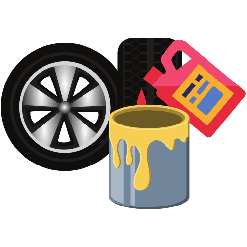 Tires, paint and chemicals icons.