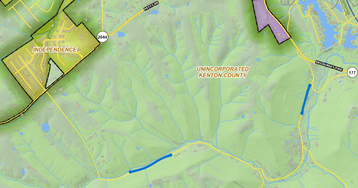 Steep Creek Road map with marked areas in blue